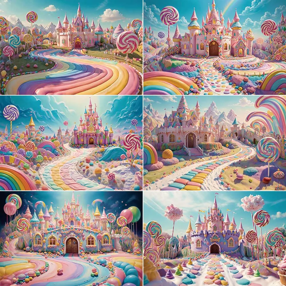 

MOON.QG Candyland Child Birthday Party Photocall Backdrop Rainbow Castle Photo Booth Background Sign Photography Props Supplies