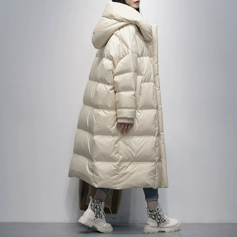 

Black Knee length Down Jacket For women 2025 Winter New Korean version White duck down Hooded Thick Coat Female Parker Overcoat