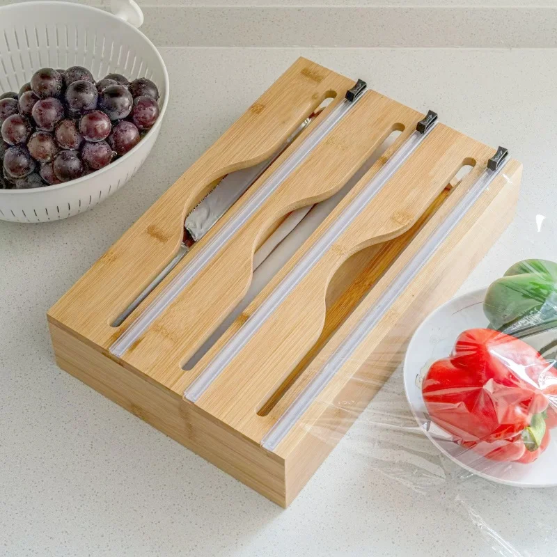 Wood Plastic Wrap Dispenser Kitchen Wall Mounted Storage Box Bake Paper Holder Trash Bag Organizer Cling Film Cutter Multi Layer