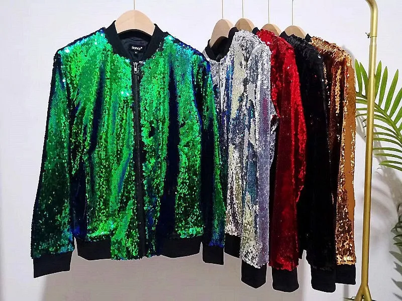 Spring Autumn Women Sequin Coat Green  Jacket Long Sleeve Zipper Streetwear Tunic Loose Casual Basic Lady Outwear