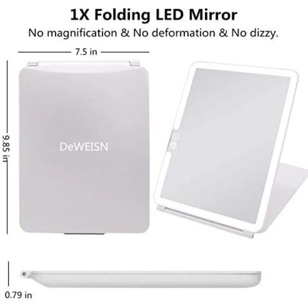 Folding Lighted Makeup Mirror with 72 LEDs 3 Colors Light Modes USB Rechargable 1800mA Batteries Portable Ultra Thin Compact