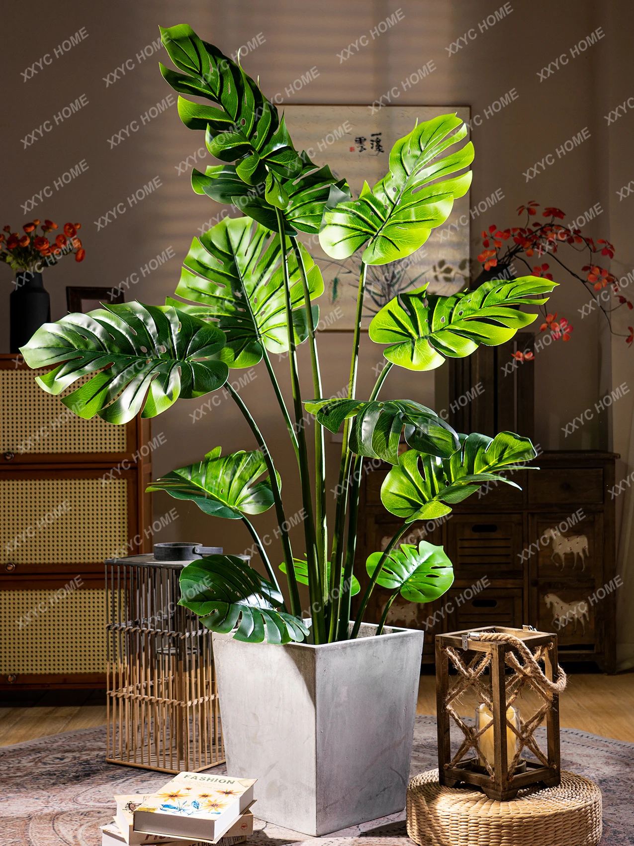 Grande planta monstera emulational árvore falsa, folha grande, planta verde, bonsai, sala de estar interior, paisagismo