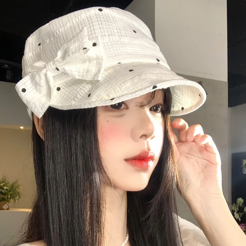 Women's Summer Wave Point Bow Flat Top Duckbill Hat Versatile Equestrian Style Big Head Circumference Breathable Outdoor Cap