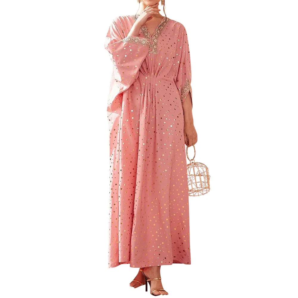 

2024 Elegant Gold Embroidered Kaftan Retro Robe V-neck Dress Plus Size Women Summer Short Sleeve Polka Dot Muslim Tunic Dress