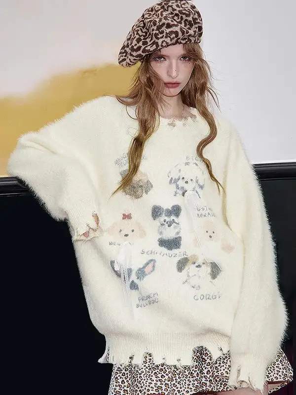 

Мягкий уютный повседневный вязаный свитер мужской свободного кроя для осени и зимы, в стиле колледж, с узором в виде собаки, для создания эффекта стройности