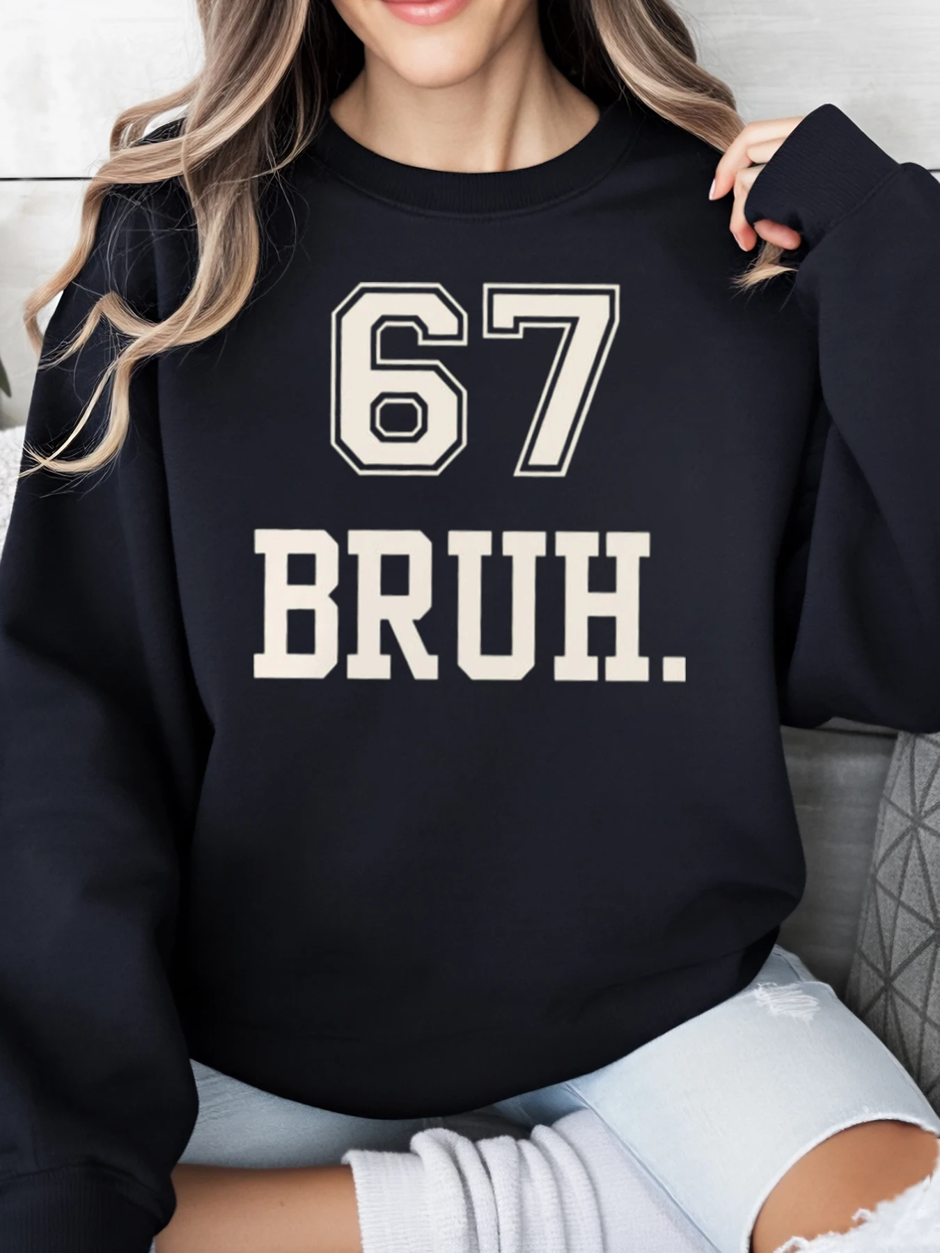 

67, толстовка с принтом Bruh, женская повседневная одежда больших размеров на Хэллоуин, черная, больших размеров