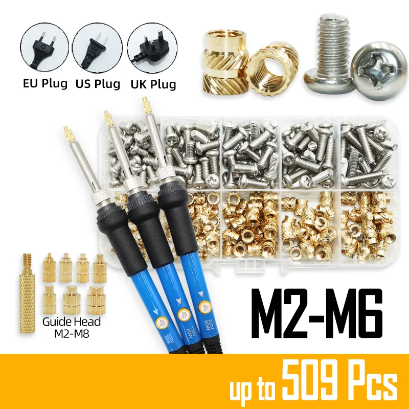 Heat Set Insert Soldering Iron Tip Head M2 M3 M4 Hot Melt Brass Insets Nut and Bolt Thread Insertion Kit for Plastic Printing 3D