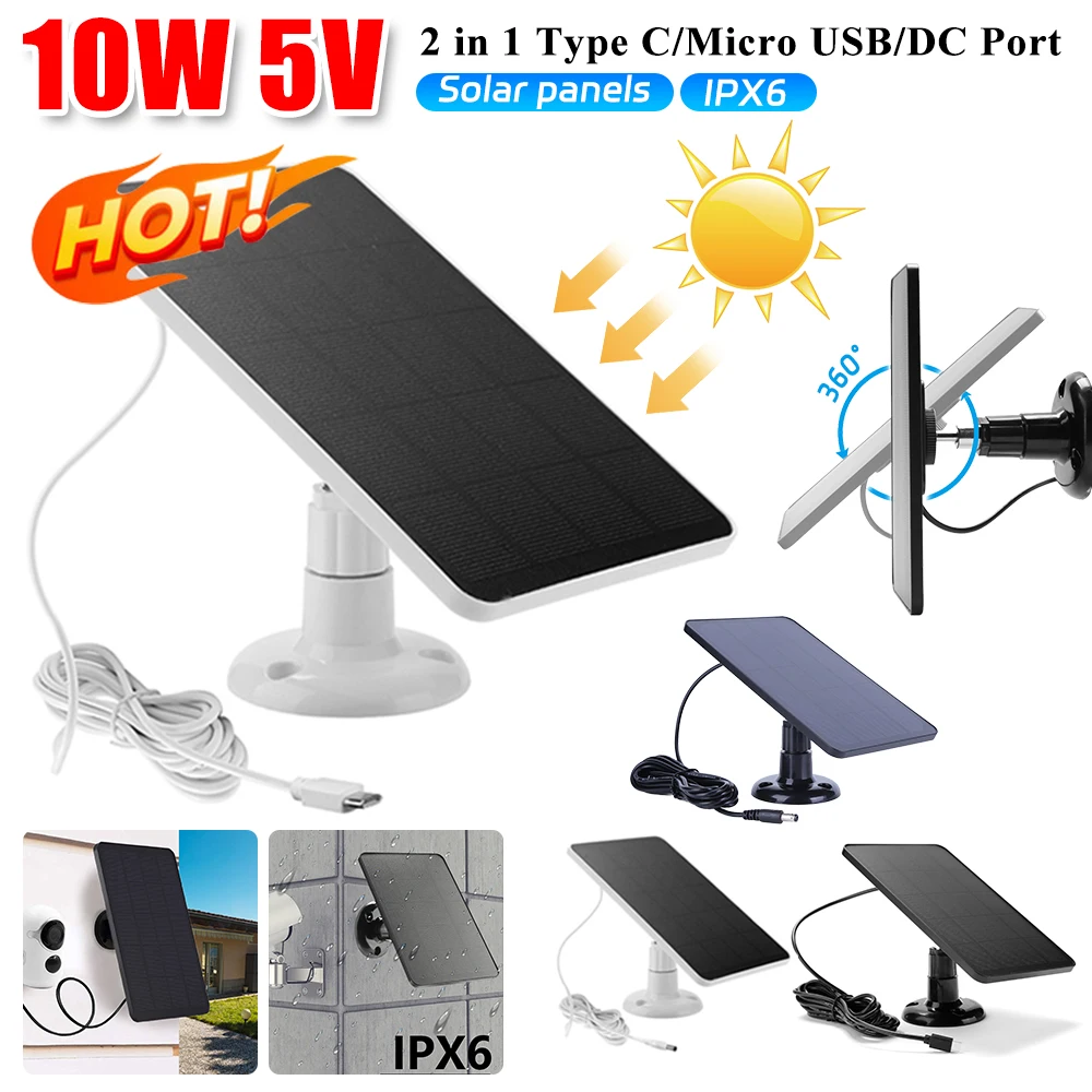 10W 5V Solar Panel Micro USB+Type-C 2in1 Outdoor Solar Cells Charger Solar Panels for Security Camera/Small Home Light System