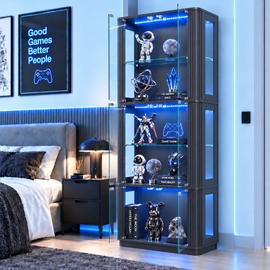 5-Tier Display Cabinets for Retail Use, Tempered Glass Construction, Clear Finish, Heavy-Duty Adjustable Shelves