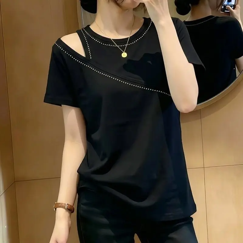 

Black Loose T Shirt with Rhinestone Embellishment Asymmetrical Cut Out Shoulder Short Sleeve Casual Top for Women Summer