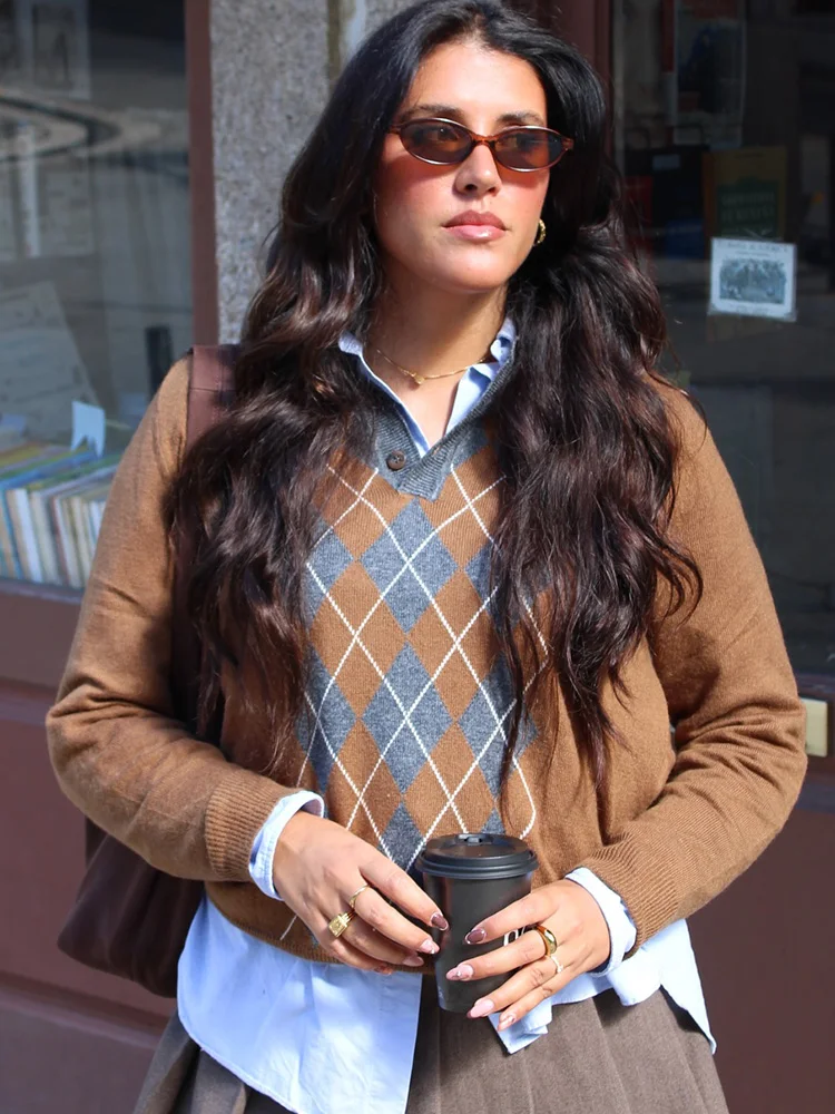 

HH 2025 женский модный вязаный пуловер с отложным воротником и бриллиантами, свободный свитер на пуговицах с длинными рукавами, уютные осенние топы Mujer