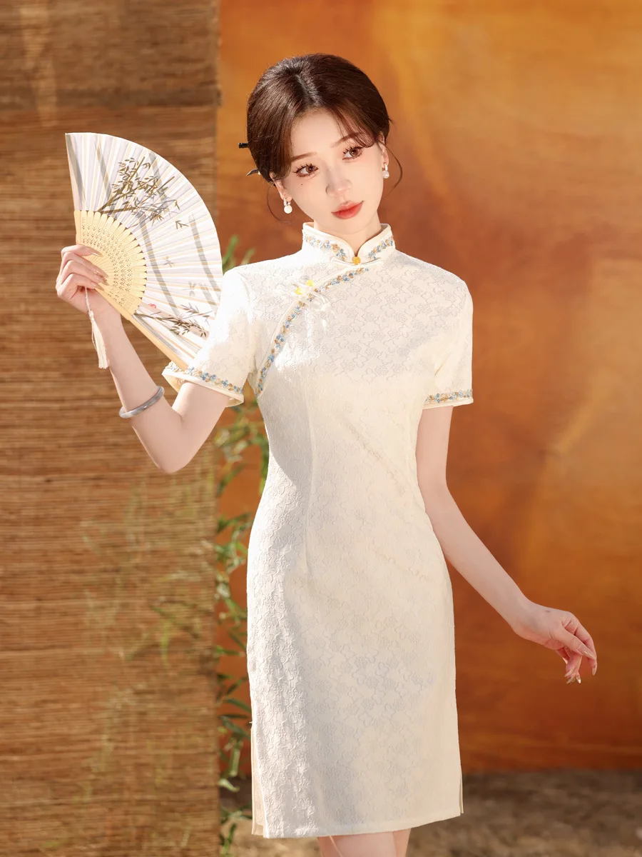 

Elegant Women Short Sleeve Lace Cheongsam Summer Young Girl Mandarin Collar Chiffon Qipao