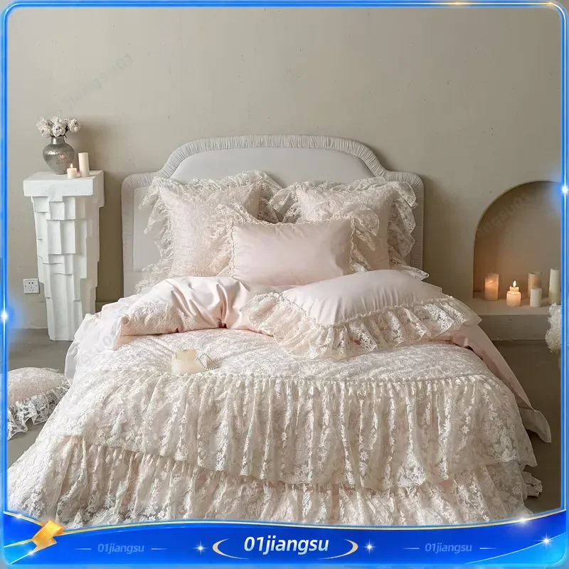 Romantic Double Layer Lace Ruffles Princess Wedding Bedding Set Egyptian Cotton Duvet Cover Quilted Bedspread Pillowcases