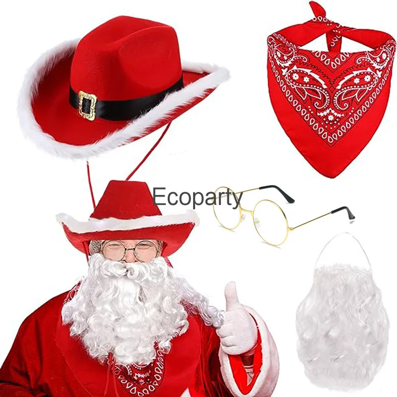 Papai Noel Cosplay Chapéu e Peruca Conjunto para Homens e Mulheres, Acessório de Festa de Natal, Barba, Performance Props, Vermelho, Novo