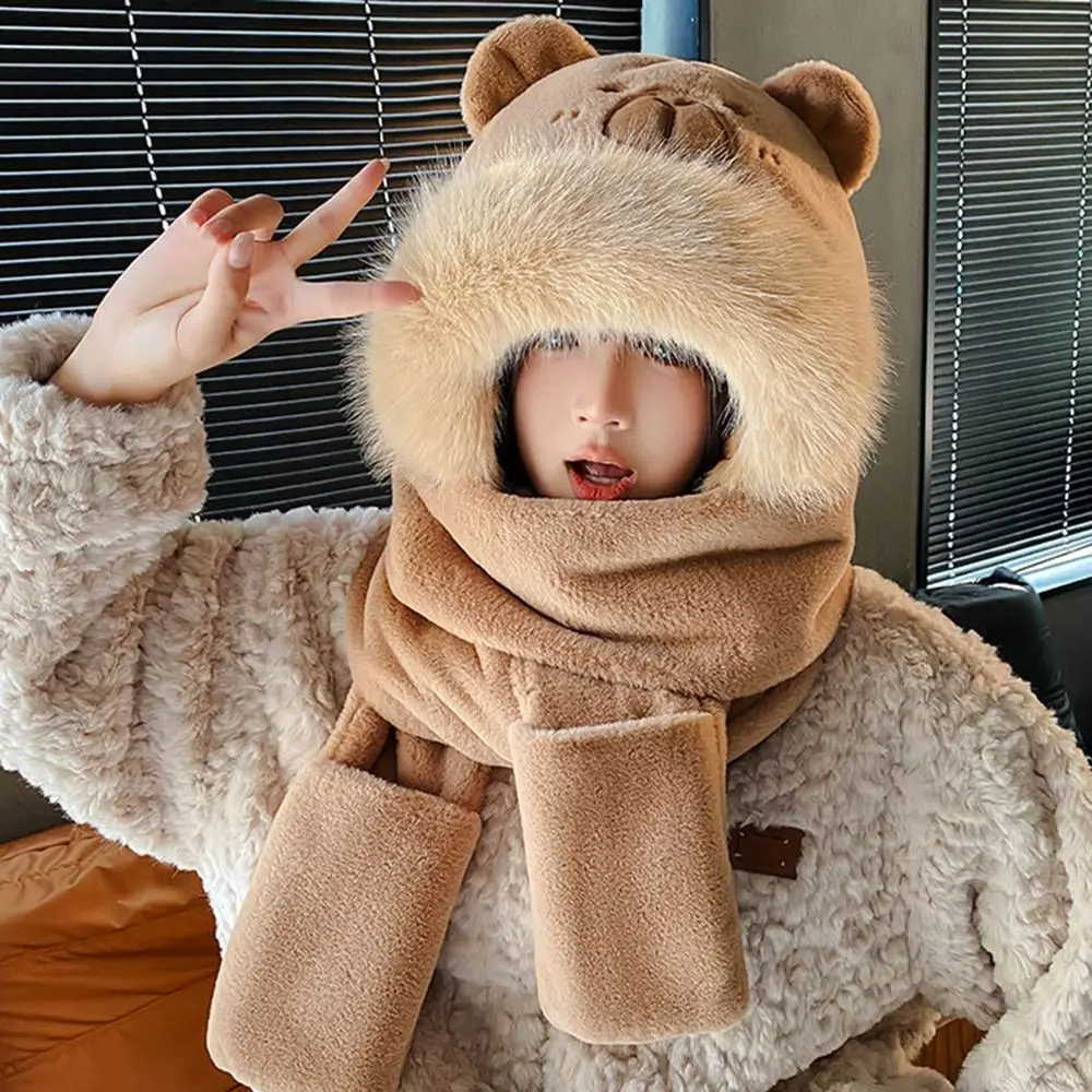 Fashion 3 in 1 Capybara Hat Scarf Set Panda Warm Furry Scarf Cap Set Ear Protection Cute Scarf Hat Glove for Women Lady