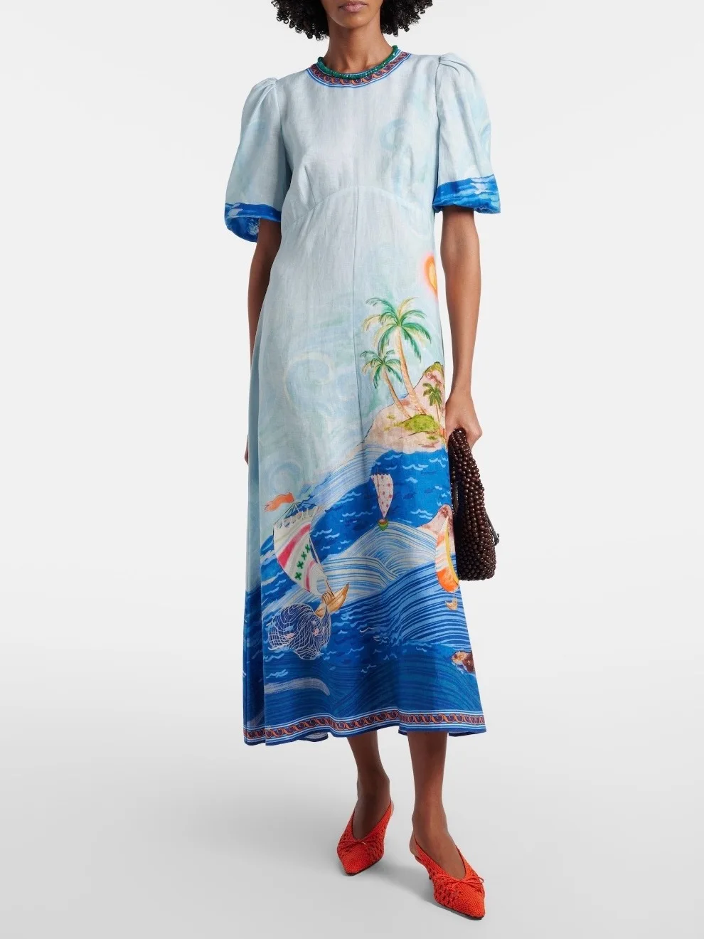 Blue Ocean Pattern Printed Linen Halter Dress Casual High Waist A-Line Summer Dress for Holiday Women's Single Piece