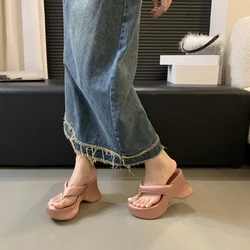 10CM High Heel Wedges Women Sandals Pink Ladies Flip-Flops Leisure Platform Summer Beach Slippers Silver Chunky Shoes 2024