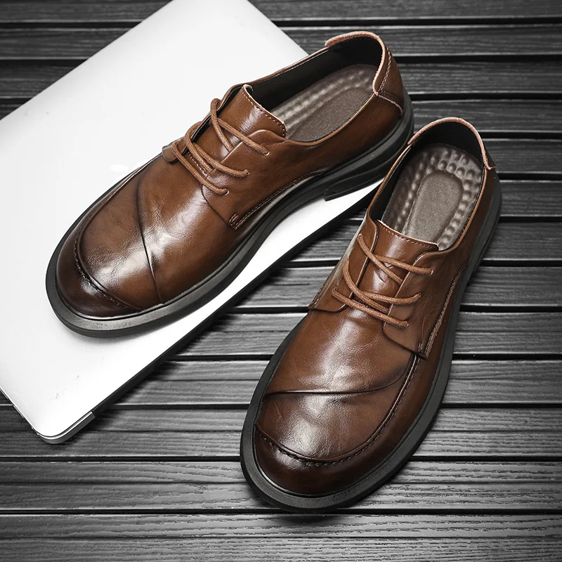 Men Genuine Leather Derby Shoes Solid Color Lace Up Round Toe Low Heeled Professional Classic Business Formal Shoes