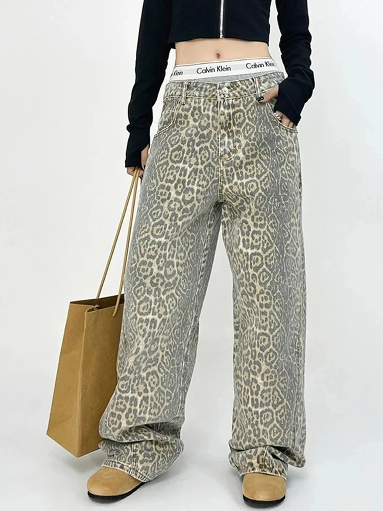 Y2k Hip-hop Cargo Trousers New American Retro High Street Casual Jeans Overalls Leopard Print Loose Wide Leg Pants for Women