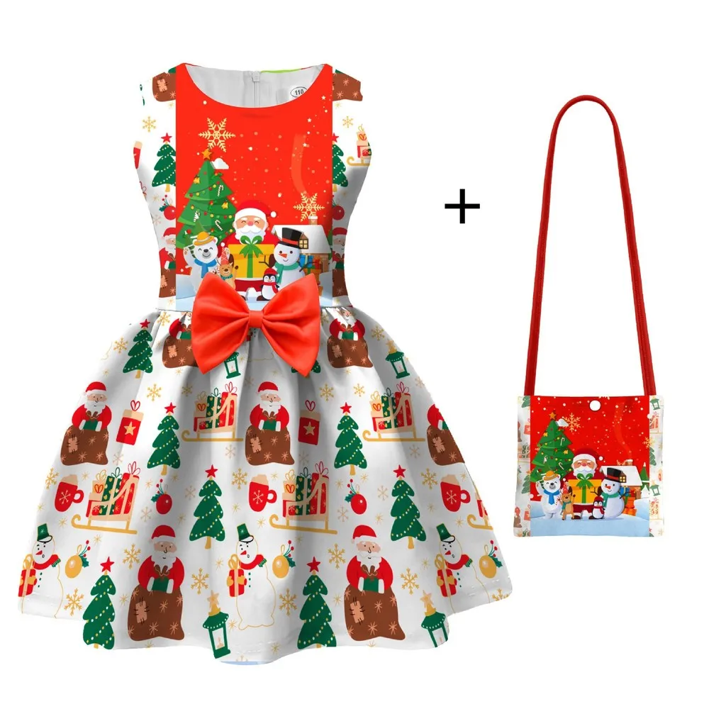 

Kids Girls Cartoon Santa Claus Christmas Tree Elk Print Bow Sleeveless Casual Dress