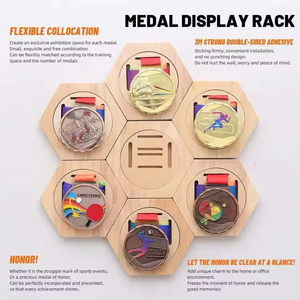 Wooden Medal Display Stand Hexagonal Honeycomb Design Sports Award Hanger Racks Honor Commemorative Display Home Wall Decoration