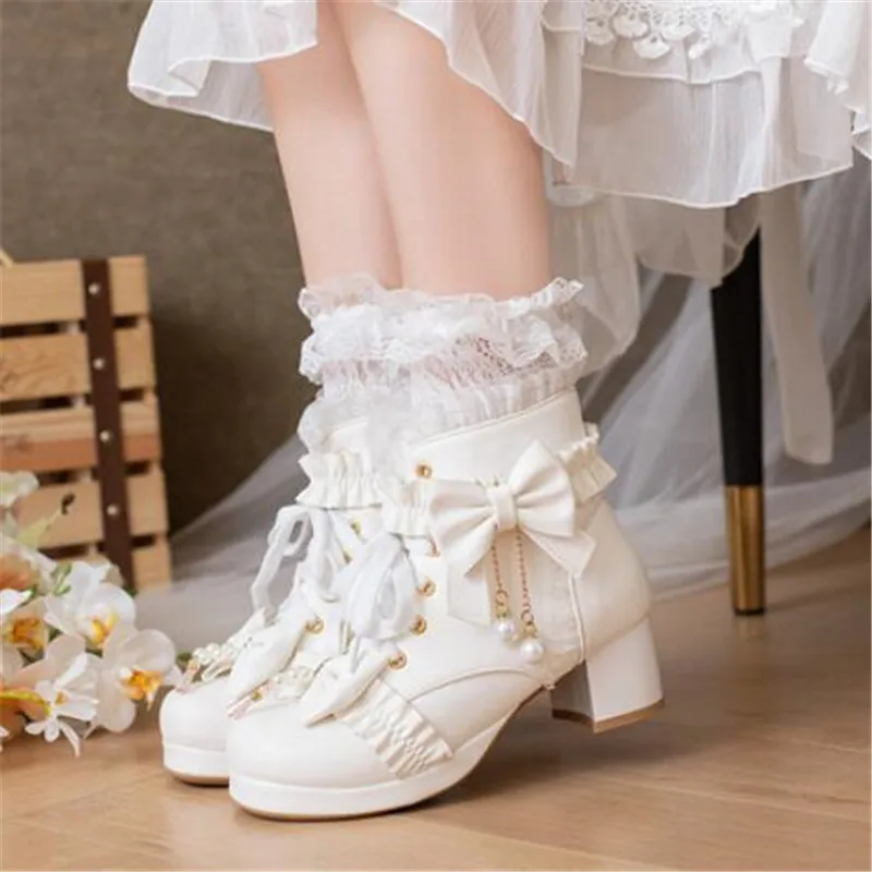 Lolita Girls Winter Boots Women Lace Bowknot Ladies Cosplay Party Wedding Shoes Princess Platform Girls Heels Ankle Boots 28-43