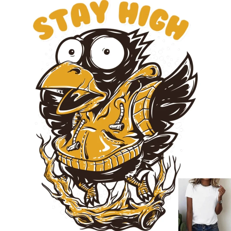 Trendy Trendy Cartoon Crow 'STAY HIGH' Heat Transfer White Ink Iron - on Patch, Suitable for T - shirts/Canvas Bags, Personalized - Aliexpress Deal