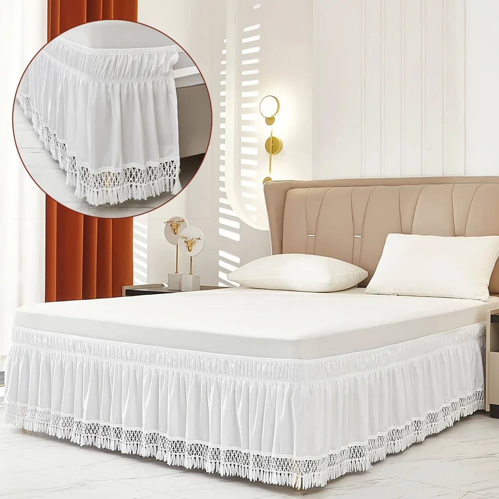 Gonna da letto con nappe elastiche 1PC gonna da letto morbida e confortevole avvolgente resistente allo sbiadimento gonne da letto in tinta unita