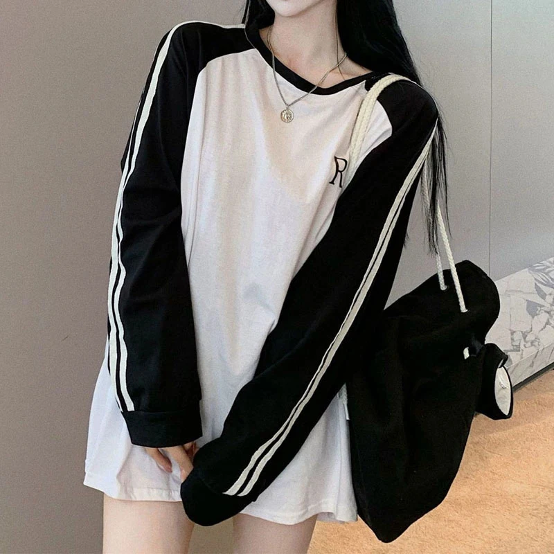 MEXZT Streetwear Sweatshirt Women Striped Patchwork Oversized Pullover Korean Harajuku Letter Print Loose Casual Hoodies Tops