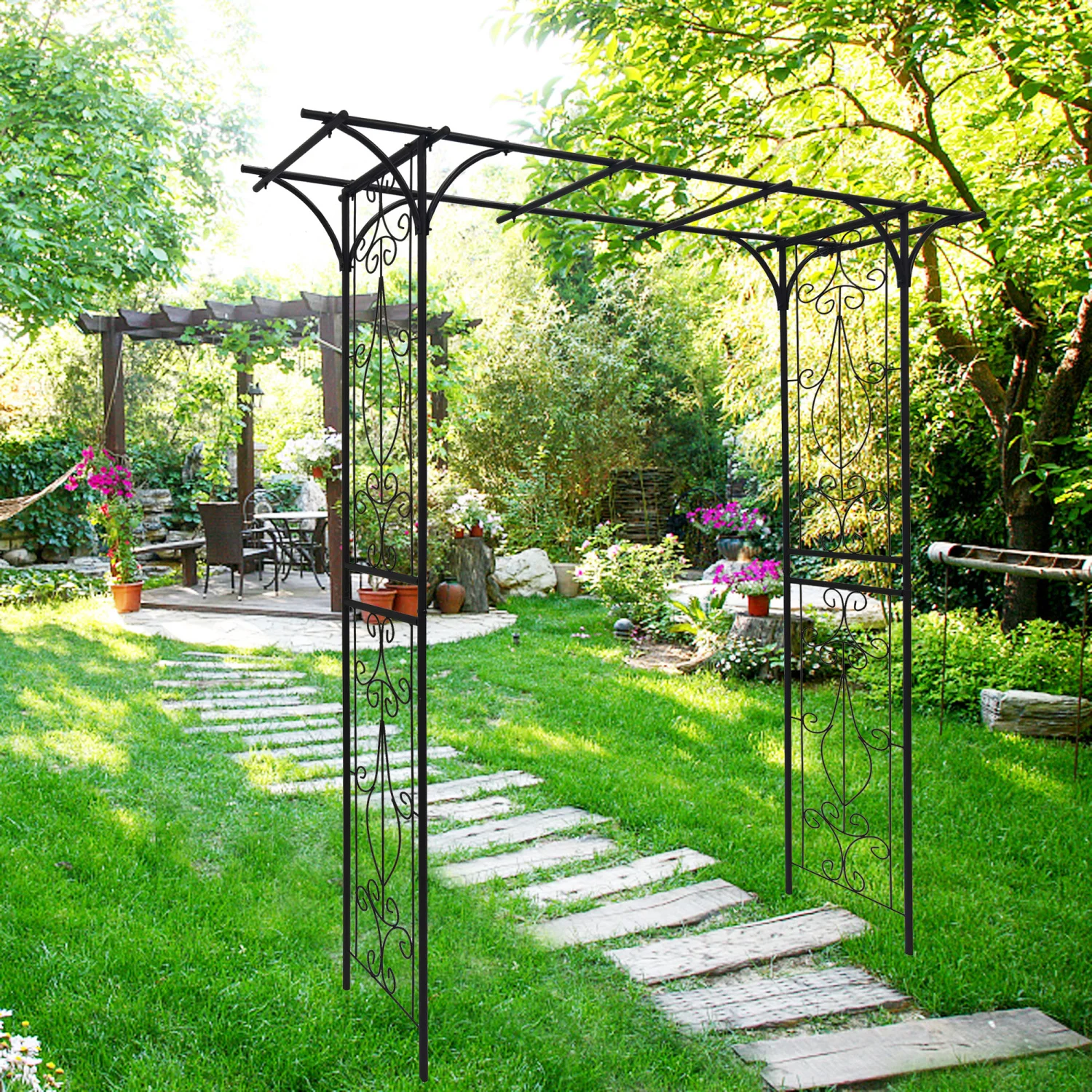 Metal Garden Arch L80.3'' x W20.47'' x H81.1'' Climbing Plants Support Rose Arch Outdoor Black