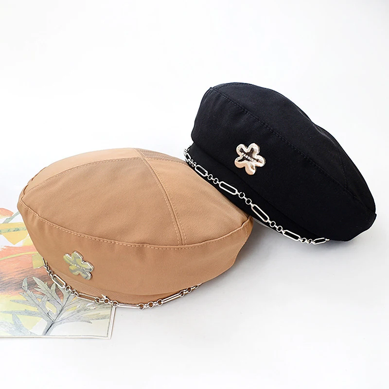 Flower Silver Chain Beret Female British Retro Casual Metal Buckle Beret Painter Hat Niche Display Face Small Bud Hat