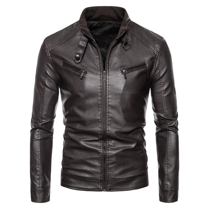 

Men Korean Style Fleece Lined PU Biker Leather Jacket Men Trendy Workwear Outerwear Male Business Casual Stylish Leather Coat