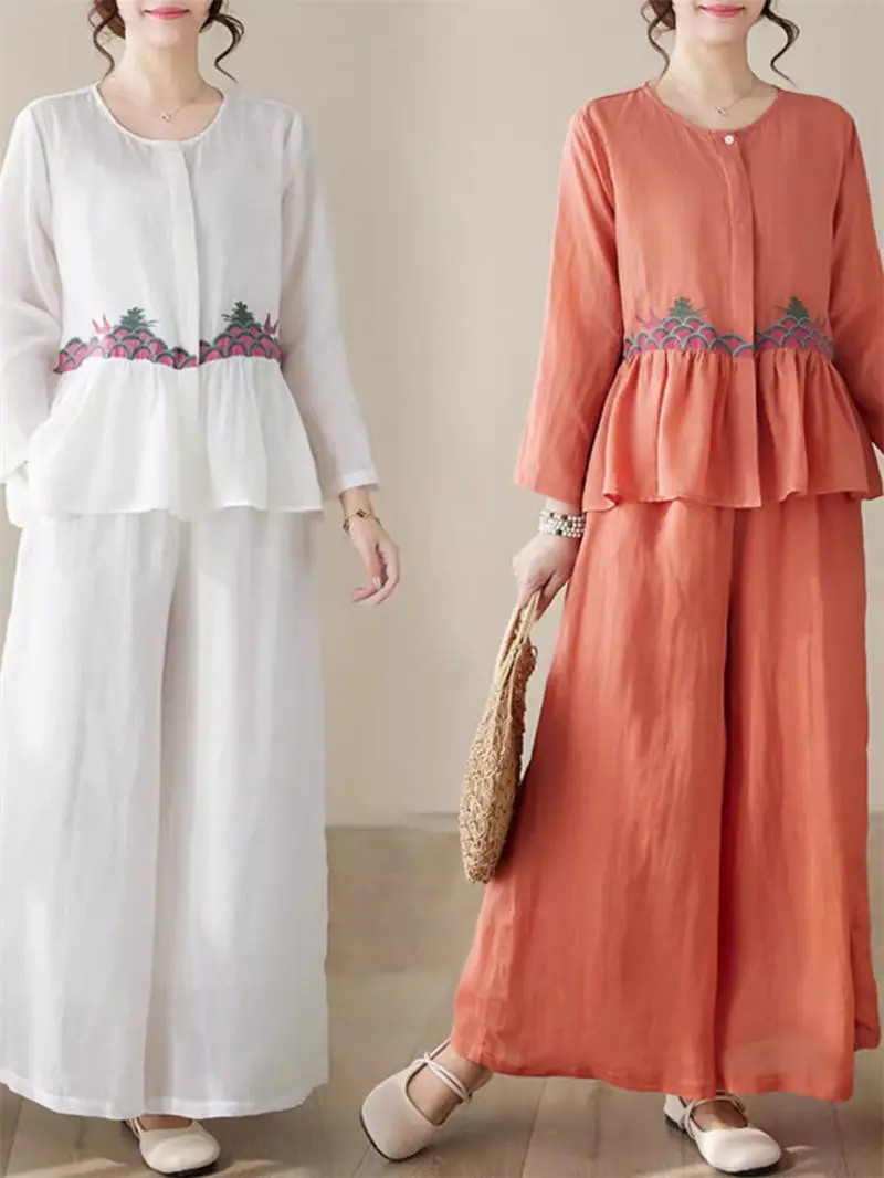 

Round Necked Ruffled Embroidered Shirt+Wide Leg Pants Set Summer Chinese Style Casual Versatile Two-Piece Outfits Women K579