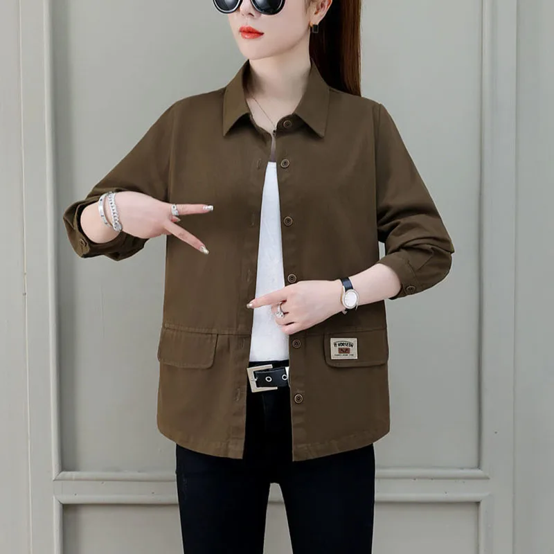 Cotton plus size jacket long sleeved women's spring and autumn new style loose collar workwear shirt thin spring and autumn top