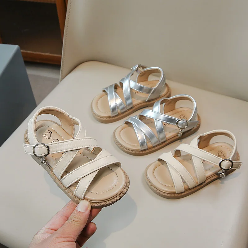 Girls Sandals New Summer Casual Children Sandals Girls Exposed Toe Flat Shoes Fashion Hollow out Non Slip Kids Roman Beach Shoes