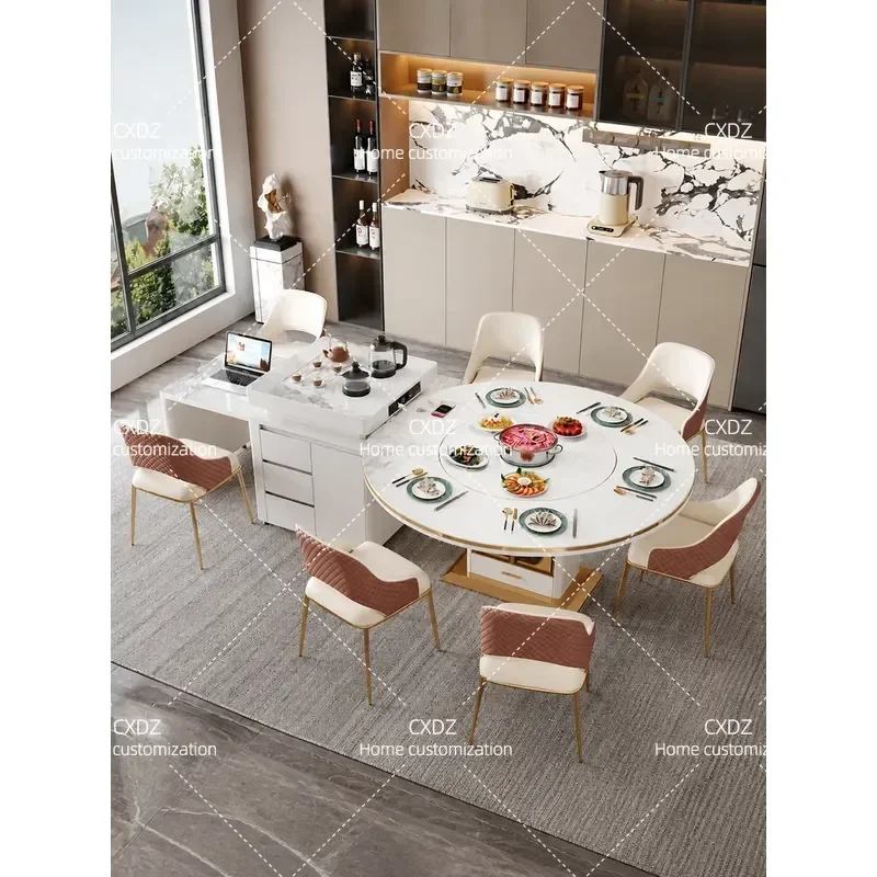 Rock Slab Retractable Island Table with Turntable Integrated Light Luxury Movable Middle Island Platform for Large and Small