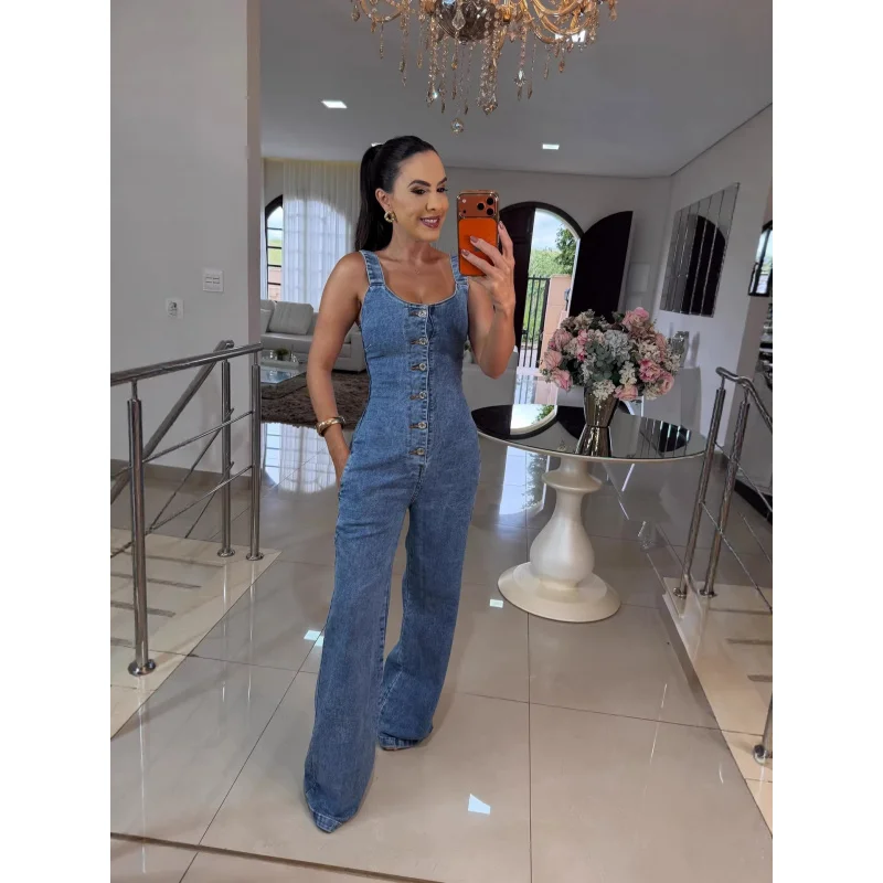 

Slim Fit Waist Cinched Wide Leg Pants Denim Jumpsuit with Suspender 2026 New Style Fashionable And Stylish Design