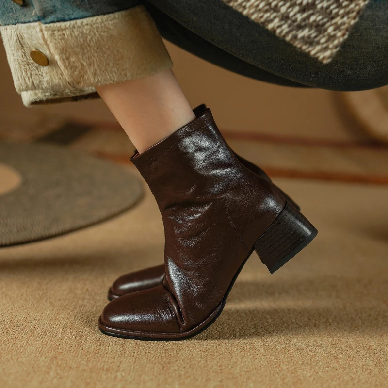 2024 New Winter Round Toe Women Boots Chunky Heel Women Shoes Retro Western Boots Ankle Boots Genuine Leather Chelsea Shoes