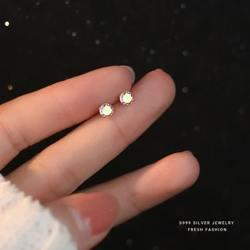 INZATT Real 925 Sterling Silver Shiny Mini 3/4/5mm Round Fantastic Zircon Stud Earrings for Women Minimalist Piercing Ear Hole