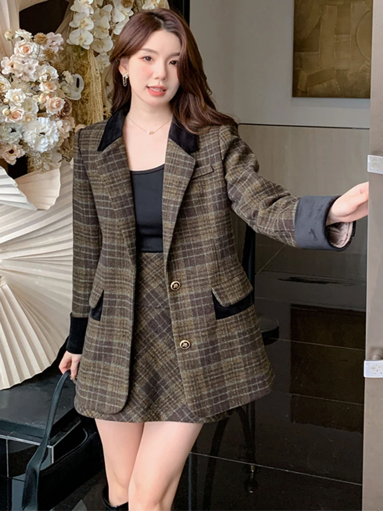 

New Fashion Tweed Women Plaid Tweed Woolen Two Piece Set Autumn Blazer Notched Single Breasted Coat + A Line Mini Skirt Suits