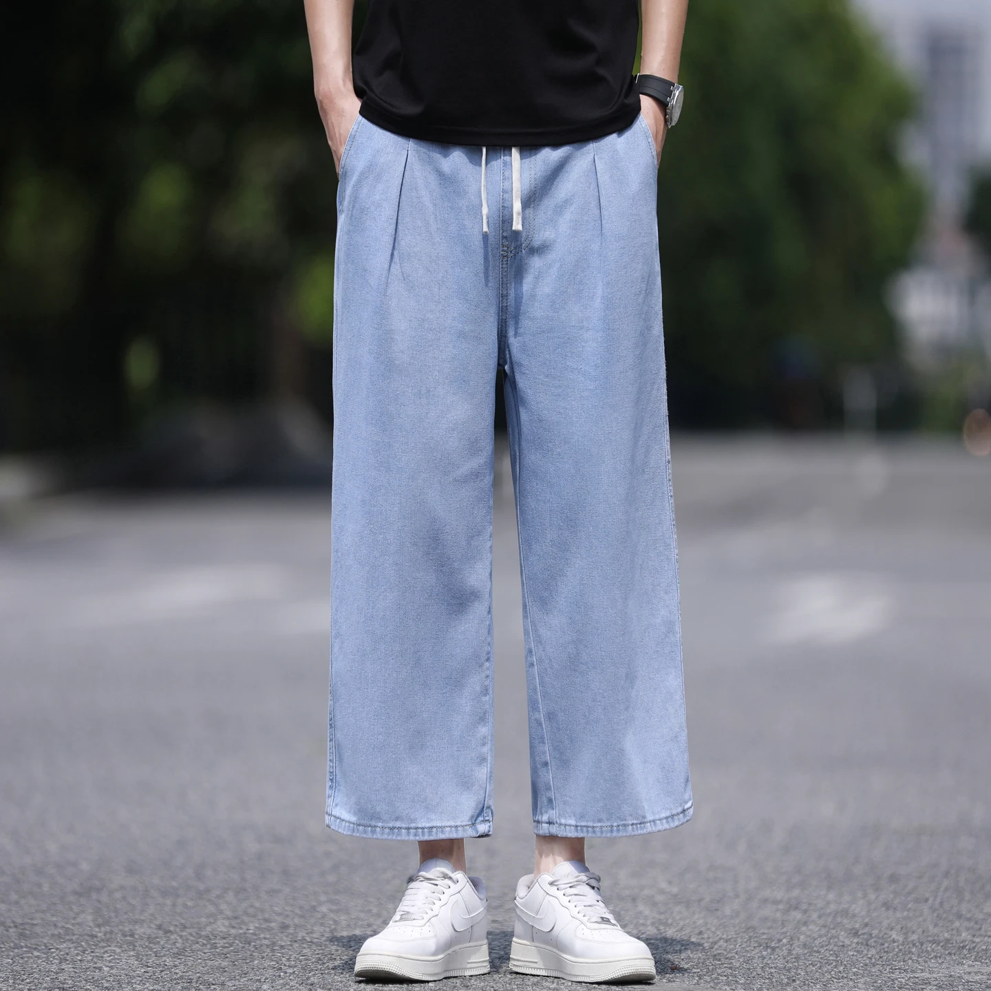 Men Autumn Loose Straight Drawstring Elastic Waist Cropped Denim Pants Minimalist High Street Wide Leg Eight Length Jeans