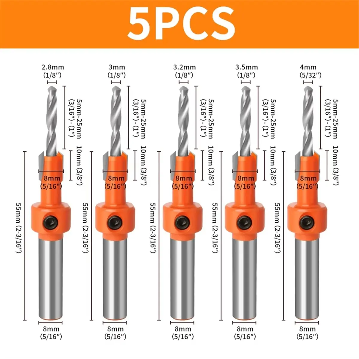 5PCS Set 8mm Adjustable Countersink Drill Bit Set,Drill Bits Counter Sinker Drill Bit Set for Woodworking