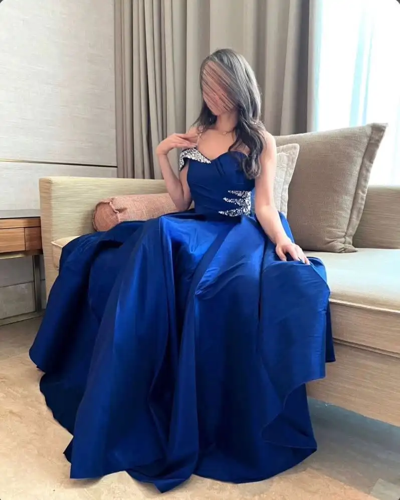 Customized Elegant  Blue Satin Evening Dress Classic Off the Shoulder Strapless Homecoming Dresses Fashion  Vestido De Festa image 3