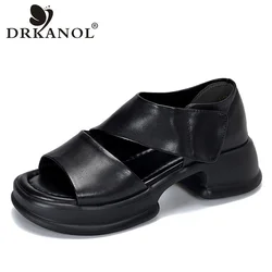 DRKANOL 2024 Summer Shoes Women Thick Heel Sandals New Design Hook&Loop Genuine Leather Open Toe Casual Platform Sandals Ladies