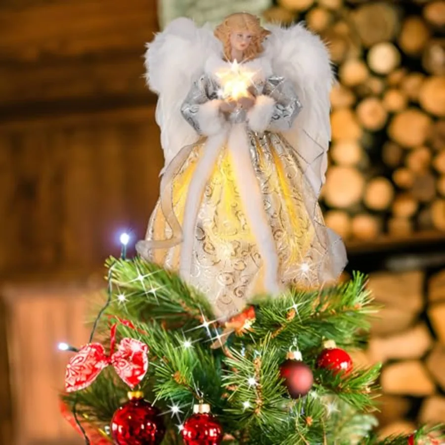 12-calowy aniołek na szczyt choinki z białymi piórami i podświetleniem LED, idealny do dekoracji świątecznych w domu.
