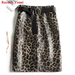 Genuine Leather Skirt For Women European American Fashion OL Lace Up Leopard Print Midi Jupe Femme Wild Wrap Skirt Ropa Mujer