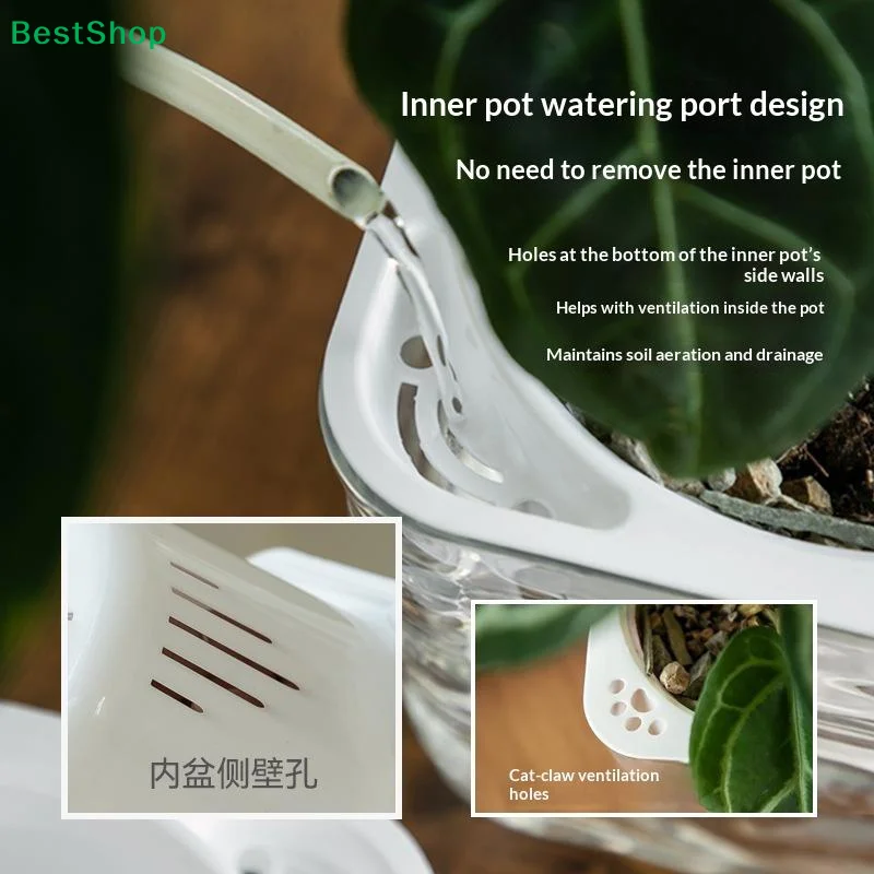 Thickened Clear PET Self Watering Plant Pot Glacier Texture Shatterproof For Indoor Houseplants Home Decor