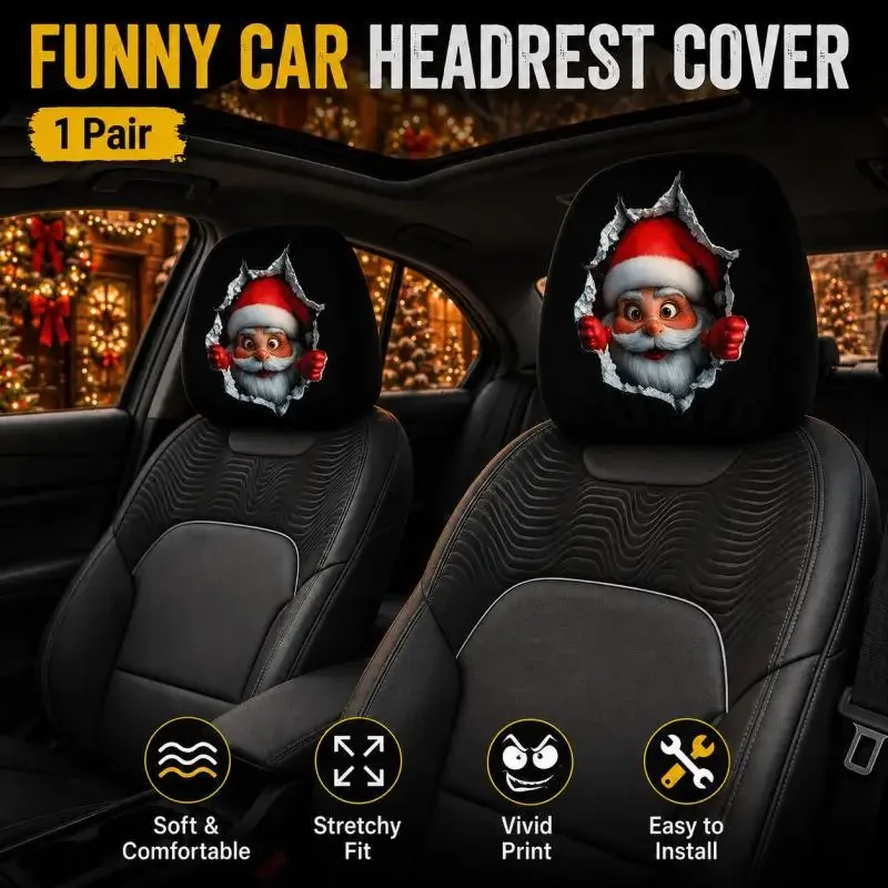 Christmas Santa Car Headrest Covers, Funny Double-Sided Printed Car Seat Headrest Covers, Universal Auto Interior Decor