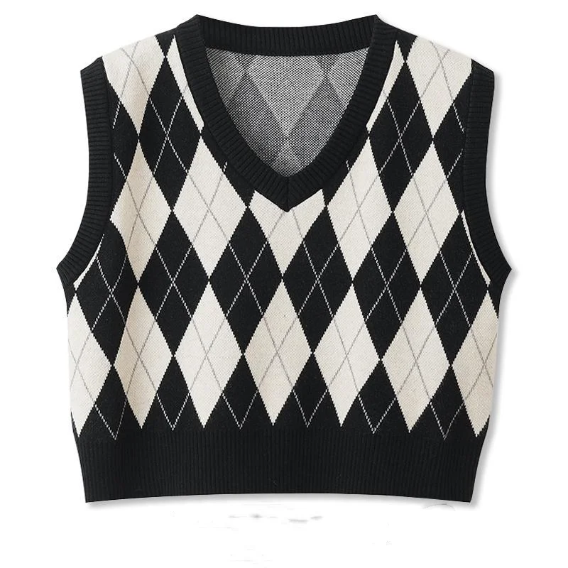 Women Autumn New V-neck Pullover Knit Vest Academy Style Fashion Retro Contrast Plaid Sweater Leisure Versatile Sleeveless Vest