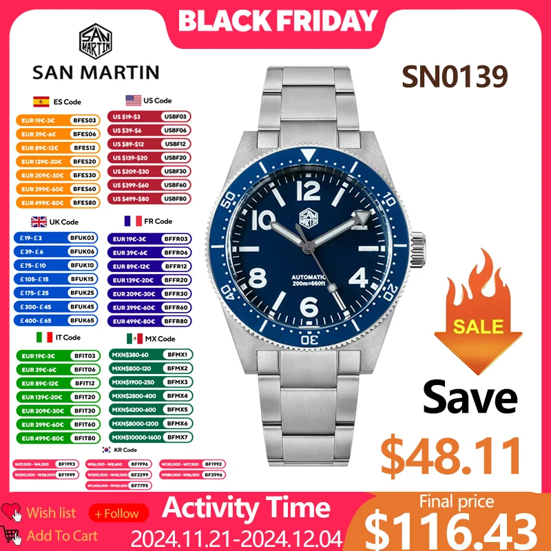 San Martin SN0139 39mm Dive Watch NH35 Automatic Mechanical Movement Waterproof Luminous Sapphire Wristwatch Limited Edition